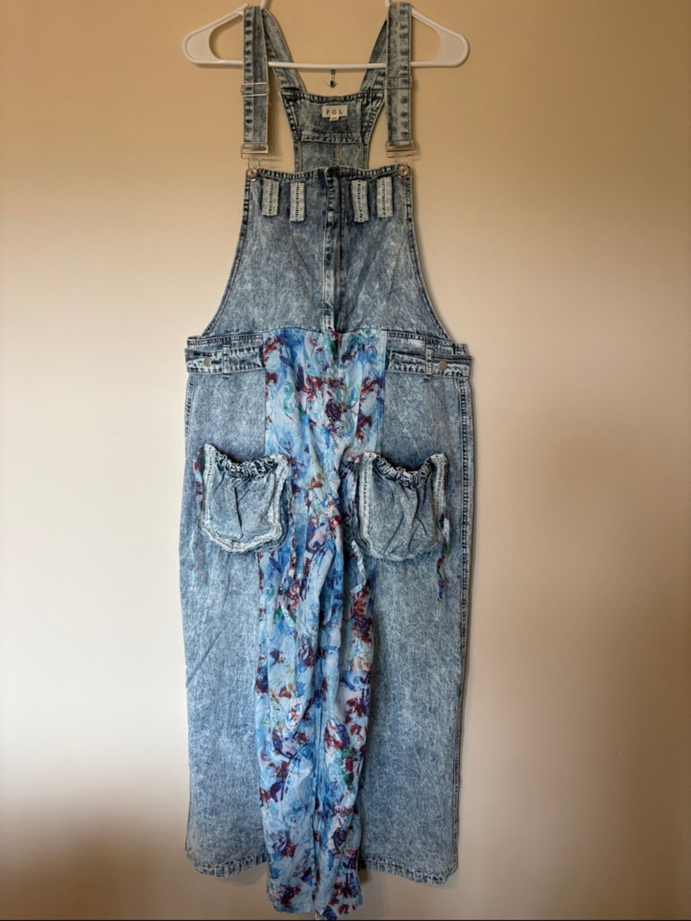 POL Acid-Wash Denim Wide Leg Overalls with Blue Floral Front Panel